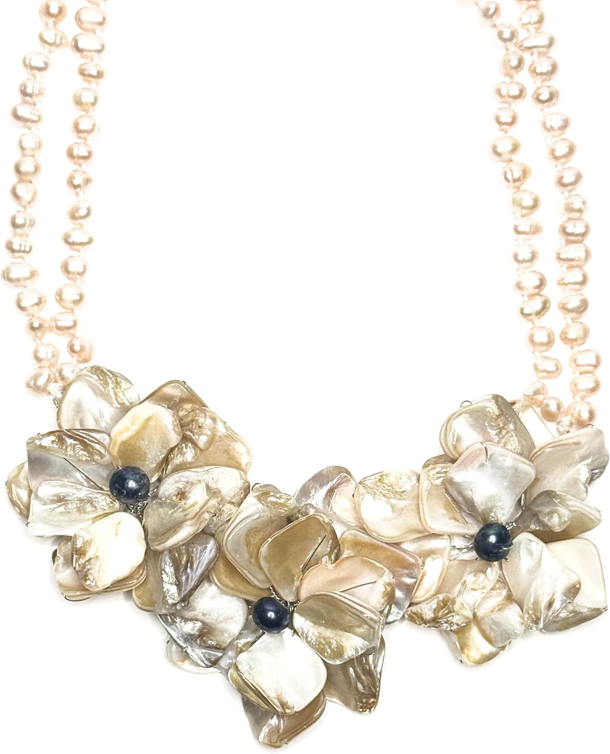 Hand Made Mother of Pearl Shells Made into Beautiful Flowers with Light Pink Freshwater Pearls Strands Statement Necklace for Women, 18" with 2" Extender Chain