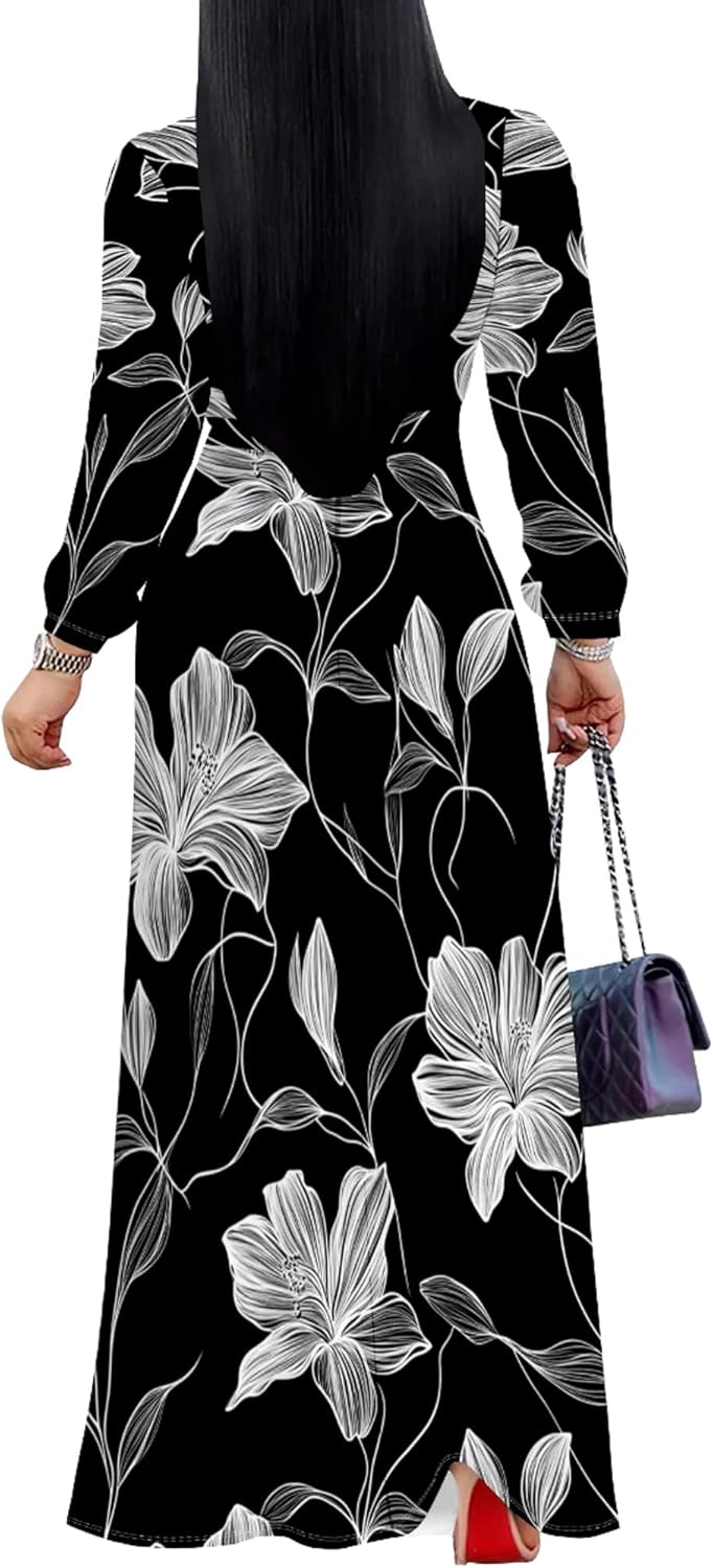 PinkPatty Women's Long Sleeves V Neck Maxi Dresses Flowy Party Wedding Guest Dress with Belted - Image 4