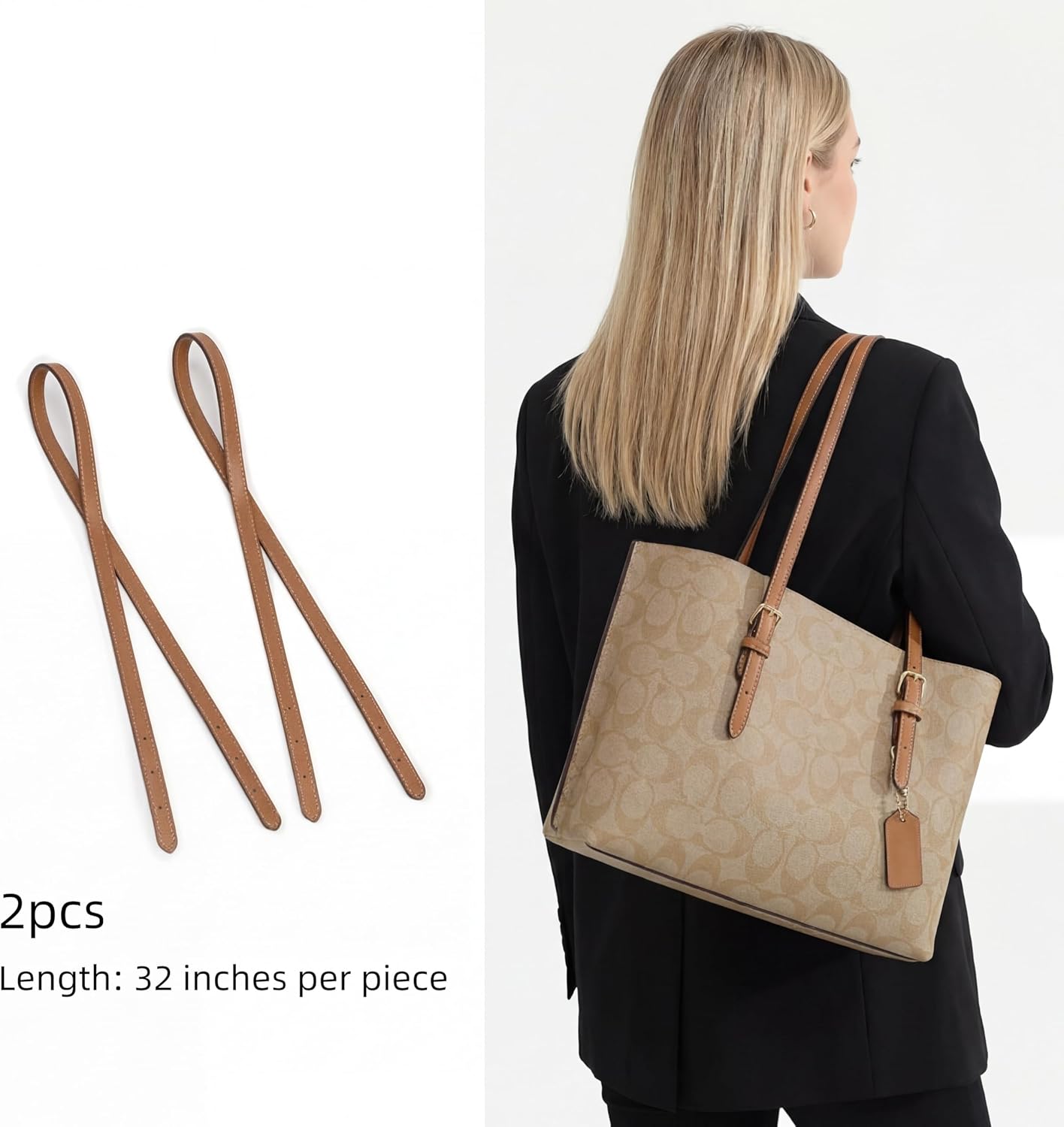 Replacement Leather Bag Strap 2-Pack, Extended Length Shoulder Straps for Coach Mollie 25 and MK Tote Bags, Bag Customization Accessories (Mollie-Khaki)