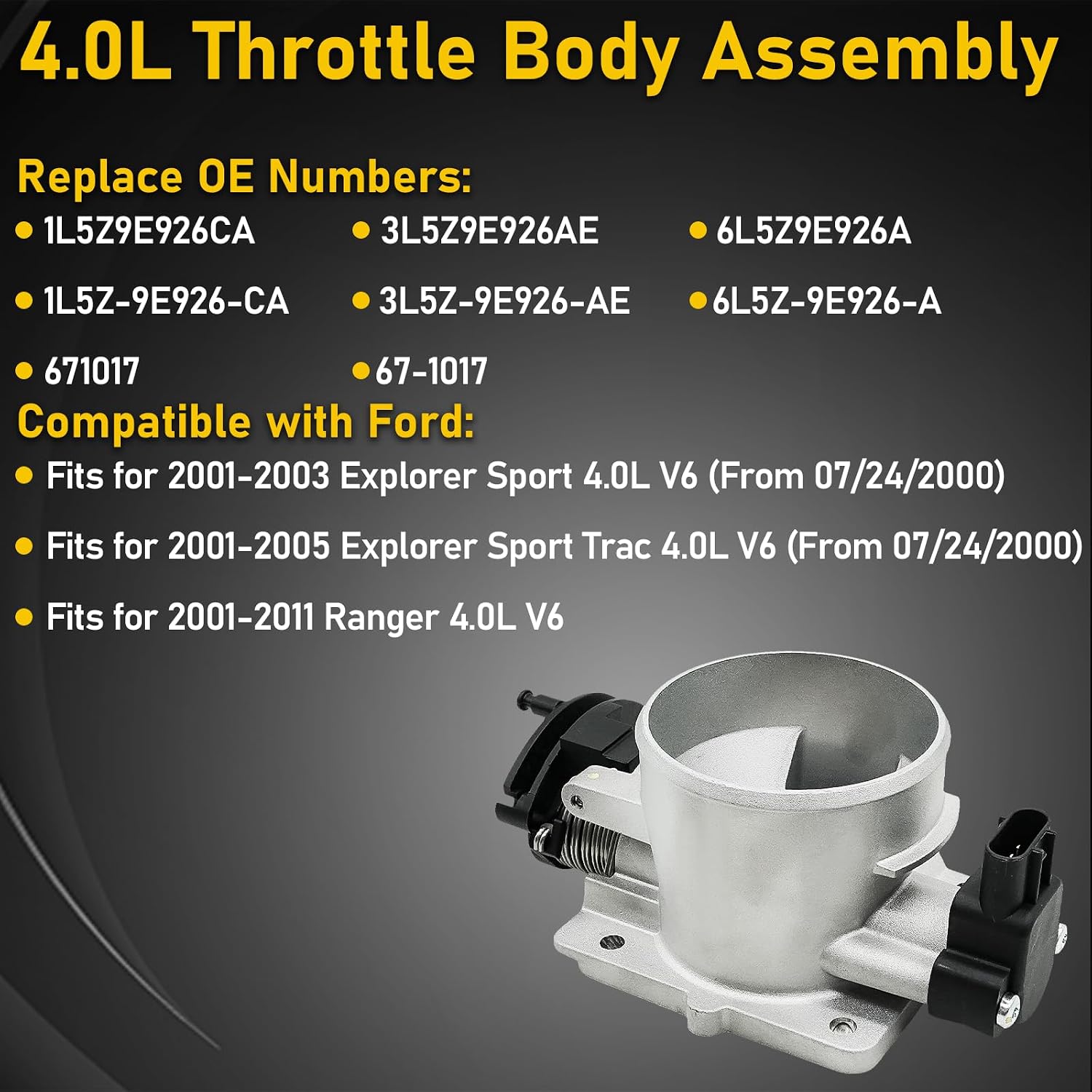 6L5Z9E926A 4.0L Throttle Body for Ford Explorer Sport 2001-2003, Explorer Sport Trac 2001-2005, Ranger 2001-2011 Replace 1L5Z9E926CA 3L5Z9E926AE 67-1017