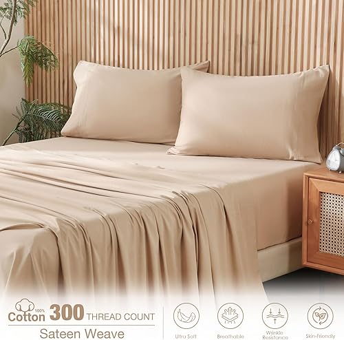 Miniatura 3 de JSD Juego de sábanas 100% algodón tamaño King, sábanas de satén beige de 300 hilos altos, sábanas suaves y transpirables con bolsillo profundo