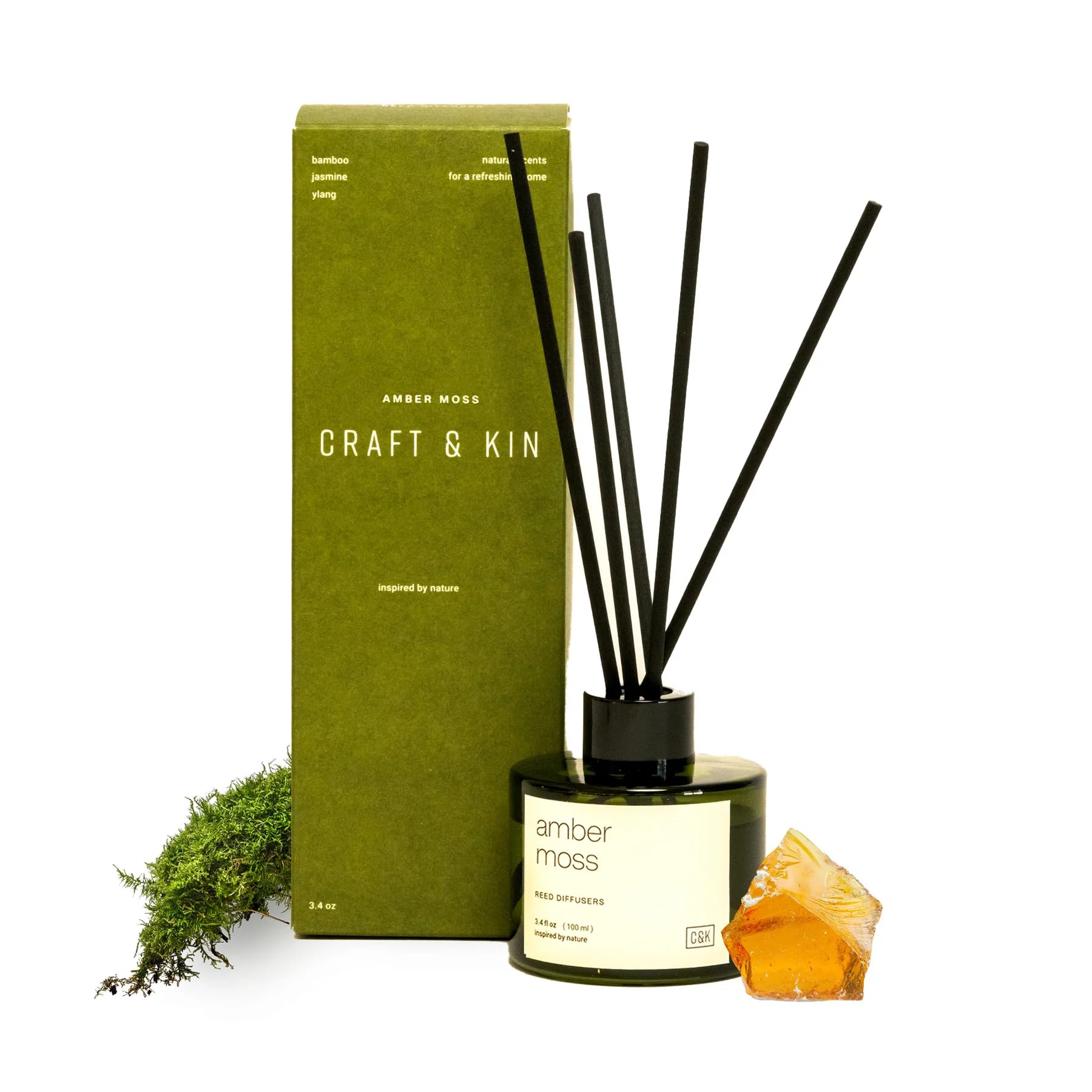 Craft & Kin Amber Moss Reed Diffuser | All Natural Essential Oil & Rattan Scent Sticks | Holiday Reed Diffusers for Home, Bathroom | Long Lasting Home Fragrance in Green Glass, 3.4oz