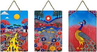 Handmade Set of 3 Colorful Folk Art Wall Decor, Village Landscape Lake & Peacock Hanging