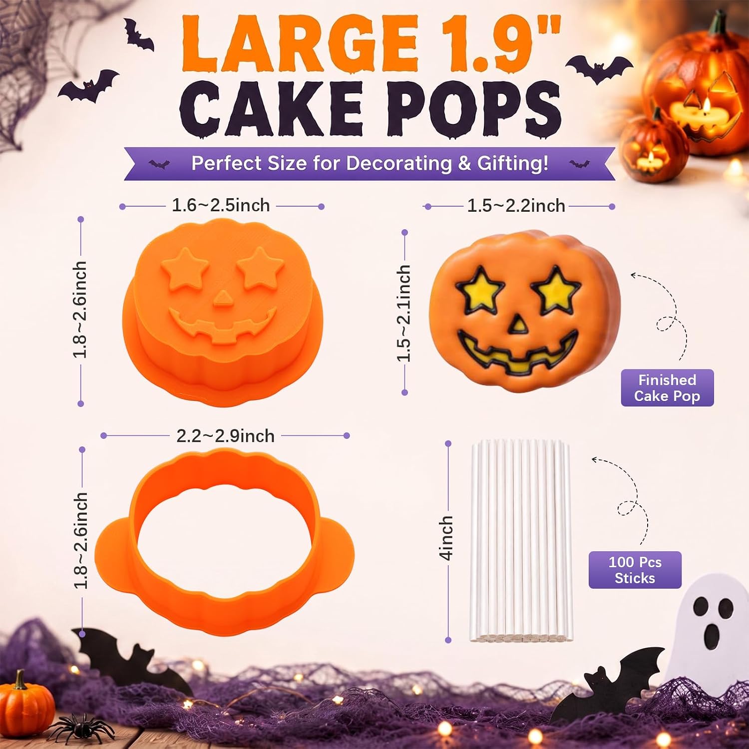 10 Pcs Halloween Cake Pop Molds Set with 100 Sticks