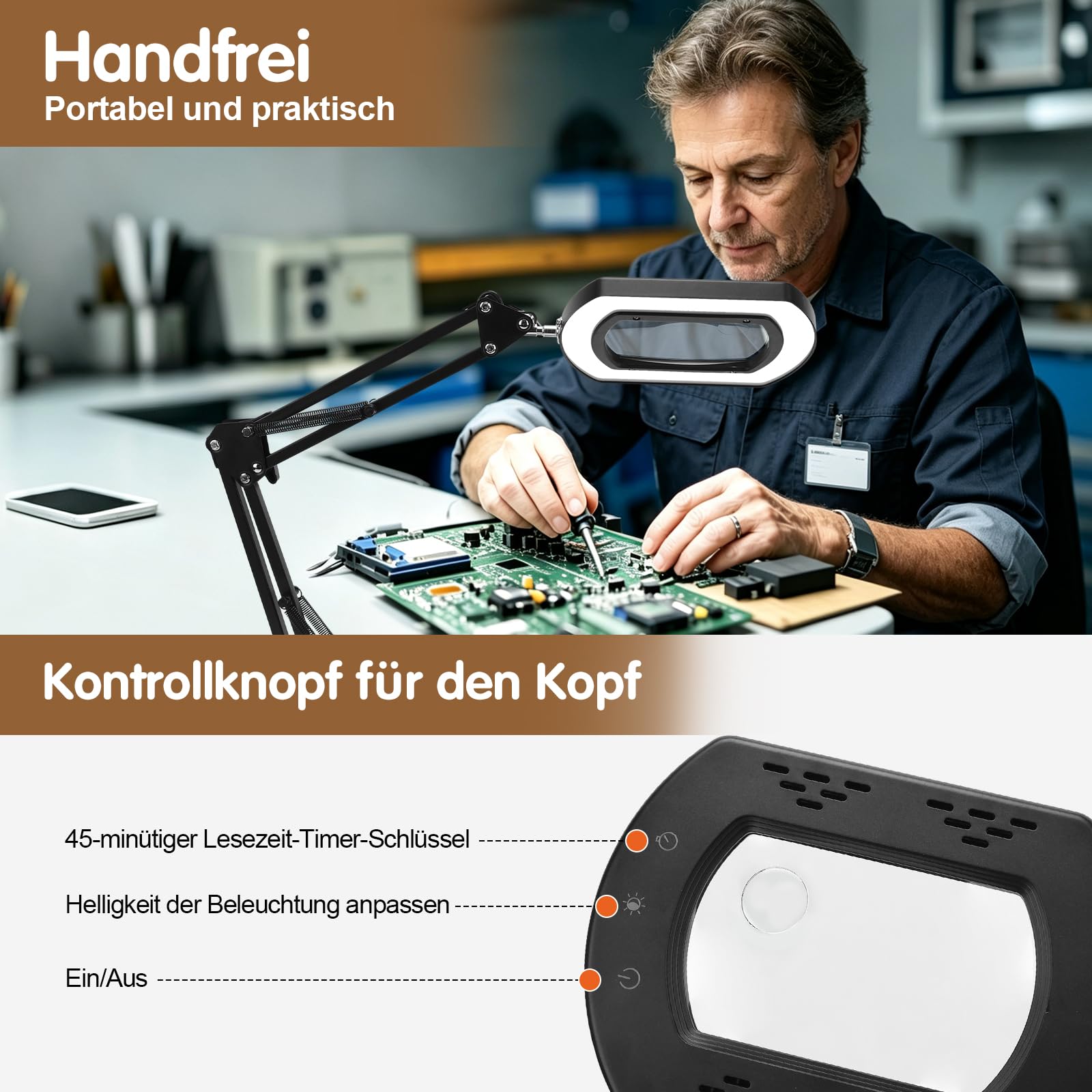 15X 30X Tischlupe mit Licht und Ständer, 5 Farbmodi Stufenlos Dimmbar, 2-in-1 Schreibtischlampe und Klemme, Händefrei Standlupe mit Licht ür Handwerk Hobby Malerei Schließen Arbeit
