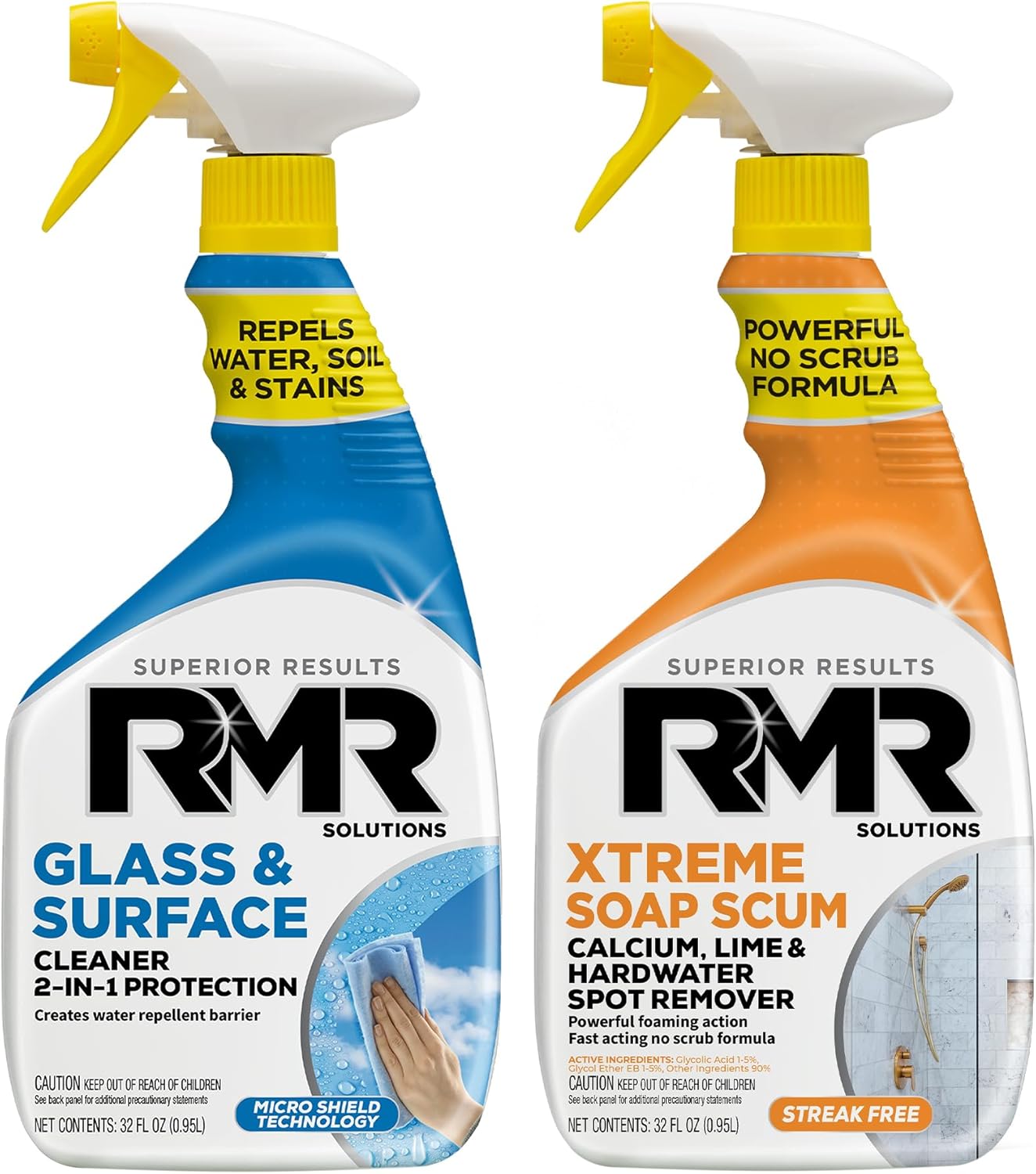 RMR Shower Shield Power Pack – Glass & Surface Cleaner/Repellent + Xtreme Soap Scum Remover, Multi-Surface Cleaning Kit for Bathroom, Tile, Glass, & Surfaces, 2–32 Oz Bottles product image