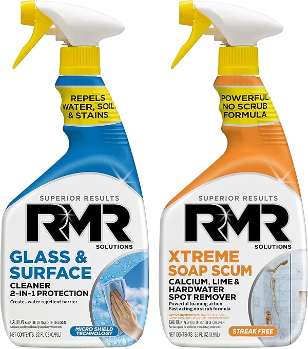 RMR Shower Shield Power Pack – Glass & Surface Cleaner/Repellent + Xtreme Soap Scum Remover, Multi-Surface Cleaning Kit for Bathroom, Tile, Glass, & Surfaces, 2–32 Oz Bottles