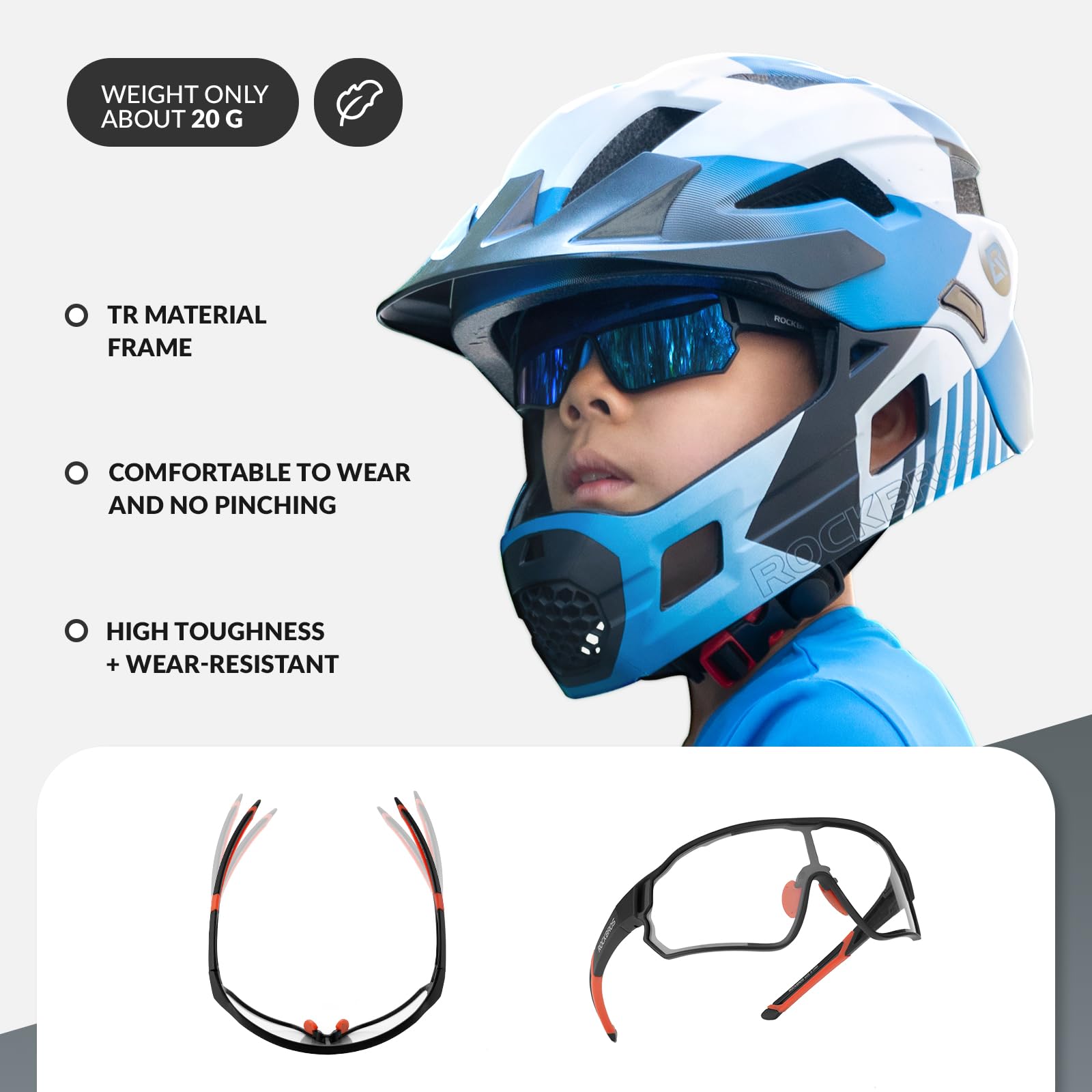ROCKBROS Fahrradbrille Set Selbsttönende und Polarisierte Sportbrille Jugendliche Sonnenbrille Kinder Radbrille UV400 Schutz Fahrrad mit TR90 Rahmen