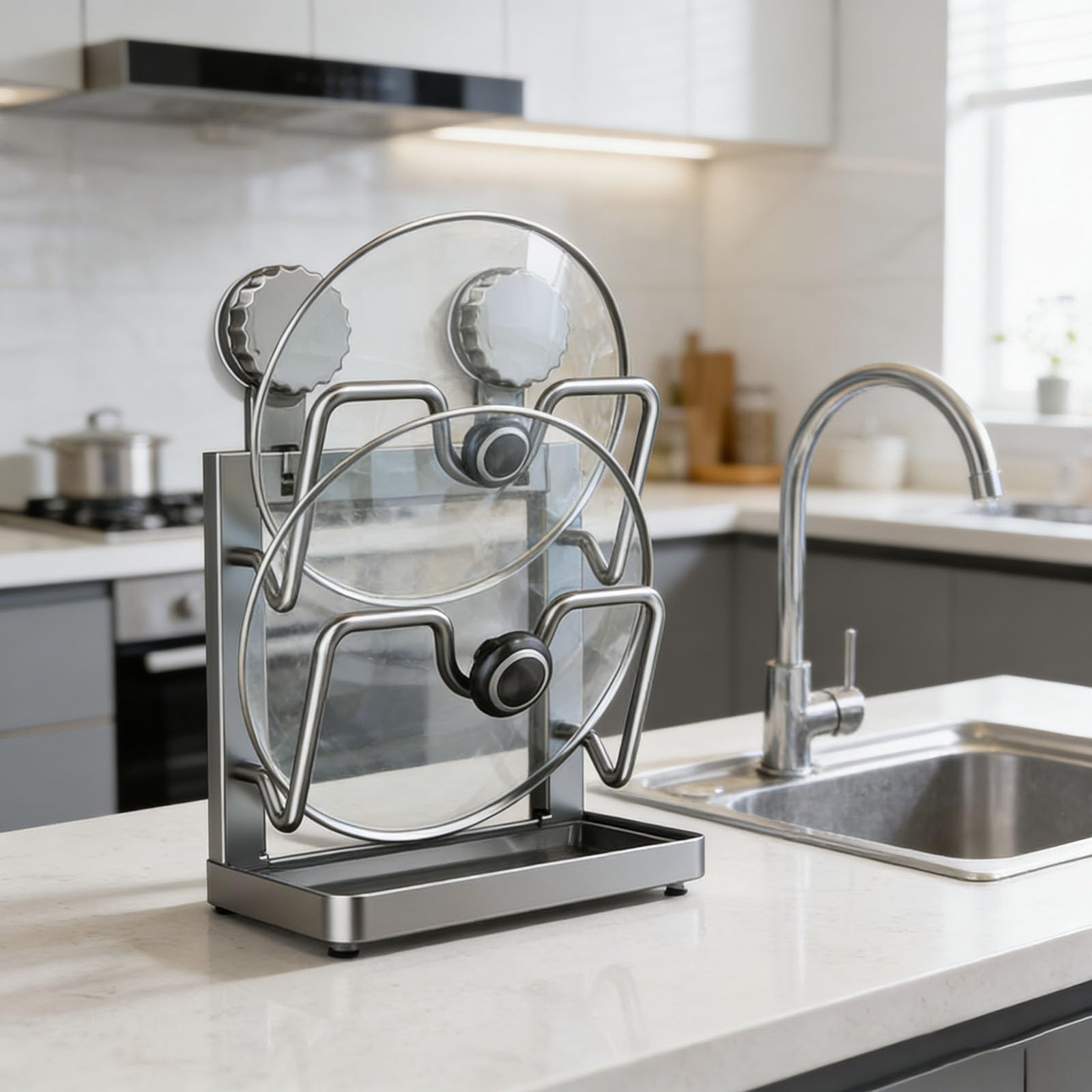 Estante de almacenamiento multifuncional para tapa de cocina, soporte vertical en forma de U con bandeja de goteo extraíble para encimera y estufa, tiene una función de almacenamiento de tapa 061486