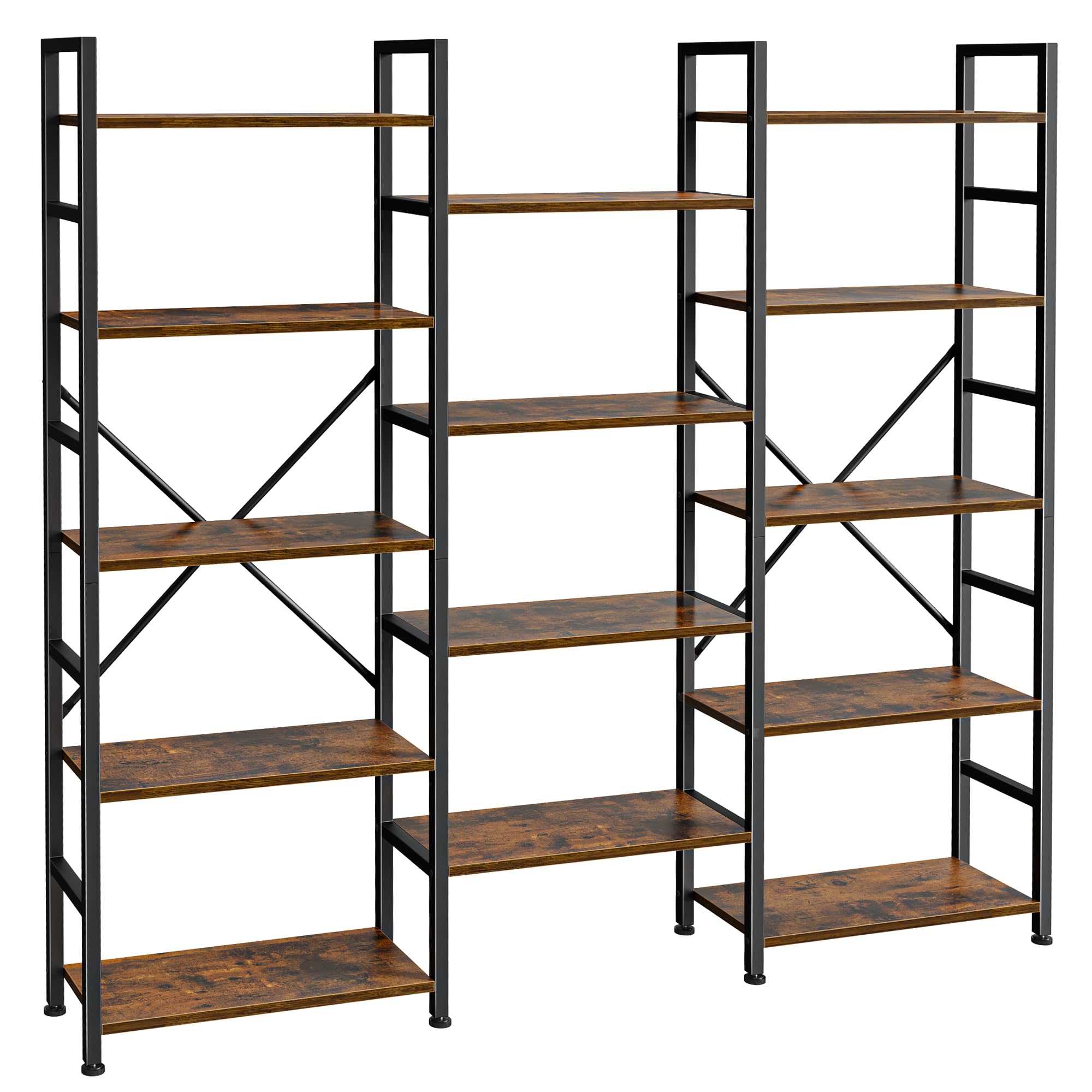 SUPERJARE Triple Bookshelf, Bookcase with 14 Open Display Shelves, Wide Book Shelf Book Case for Home &amp; Office, 5 Tier, Brown