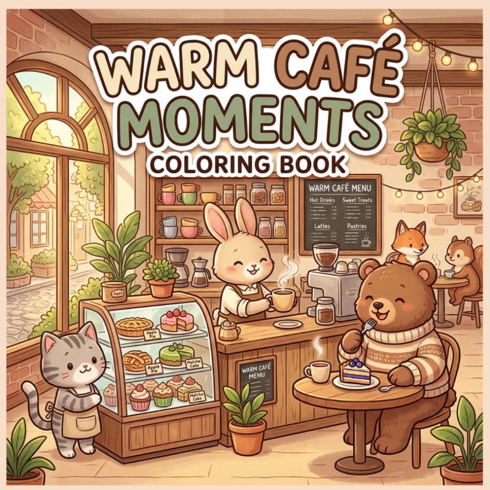 Warm Café Moments: Coloring Book: 50 coloring pages for Adults and Teens Featuring Cute Animal Baristas, Sweet Pastries and Peaceful Coffee Shop Scenes for Relaxation (Warm Coloring Book Series)
