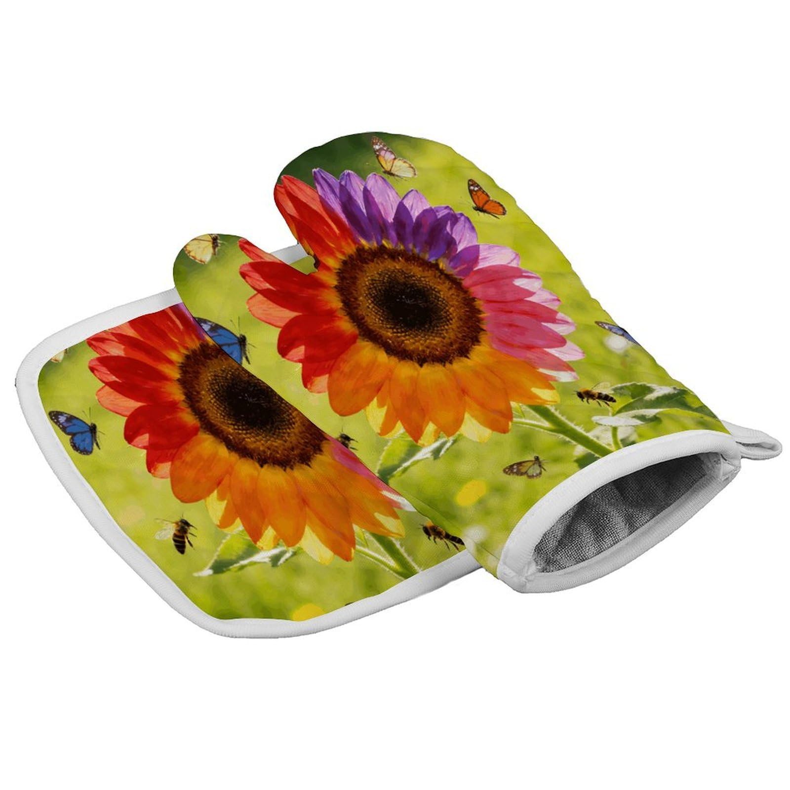 Fodpand Style Colorful Sunflower Oven Mitt Set With Lanyard, Cooking Mitt, Protective Thermal Insulation,Kitchen Mitt For Baking, Cooking, Grilling, Microwave