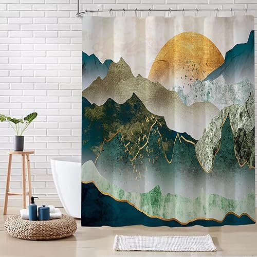 Miniatura 2 de Cortina de ducha japonesa de montaña, juego de cortinas de ducha de anime asiático, verde azulado y dorado, cortina de ducha de sol amarillo,