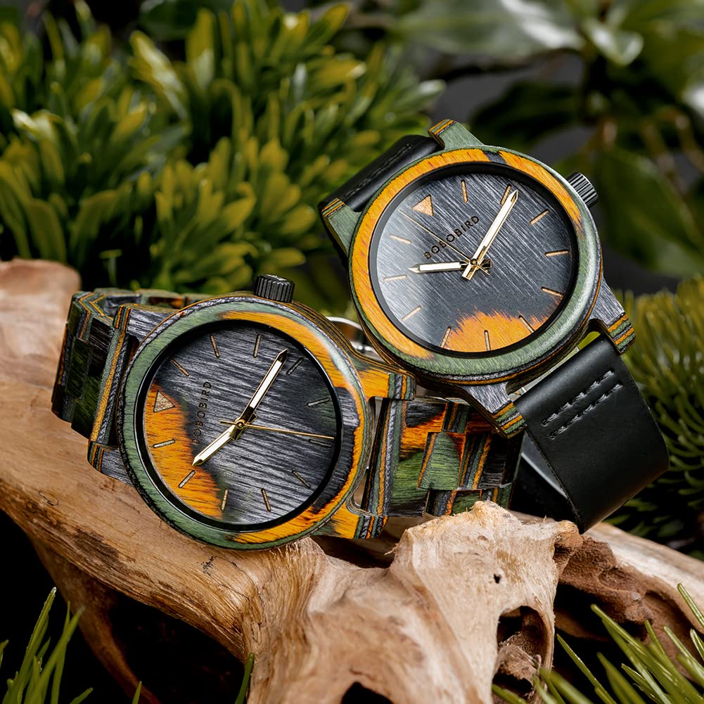2win Relojes de madera coloridos para hombre, hechos a mano, de cuarzo, único, reloj de pulsera de aniversario, para hombres y mujeres, Correa de madera