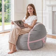 HABUTWAY 2ft Bean Bag Chair Giant Bean Bag Chairs for Adults with Memory Foam Filled, Large Beanbag Chair with Removable Dutch Velvet Cover for Living Room, Bedroom, Dorm, Light Grey & Pink