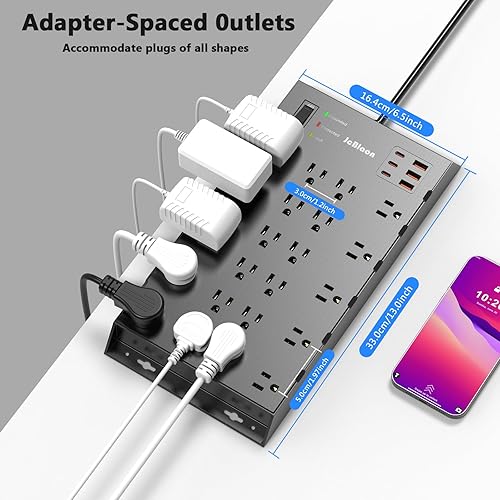 Miniatura 4 de JcBlaon - 22 salidas y 6 USB Big Power Strip, protector de sobretensiones con 3USB C y 3USB A puertos de carga, cable de extensión de enchufe plano