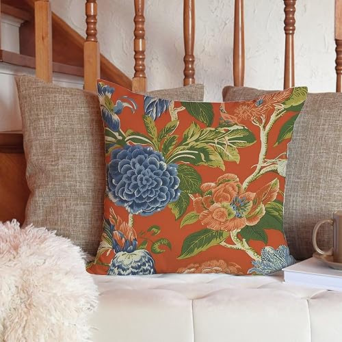 Miniatura 6 de ArogGeld Funda de cojín de estilo asiático chinoiserie naranja y azul oscuro, fundas de almohada de peonía floral naranja y azul con peonía china a