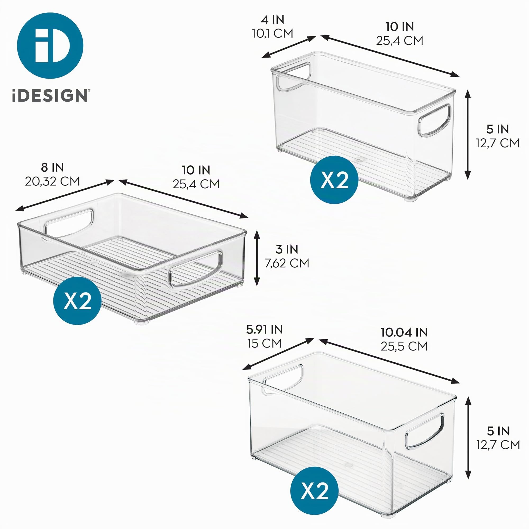 iDesign 6er Set kleine stapelbare Aufbewahrungsbehälter aus recyceltem Kunststoff mit integrierten Griffen für die Küche, den Kühlschrank, Gefrierschrank - Verschiedene Größen, klar