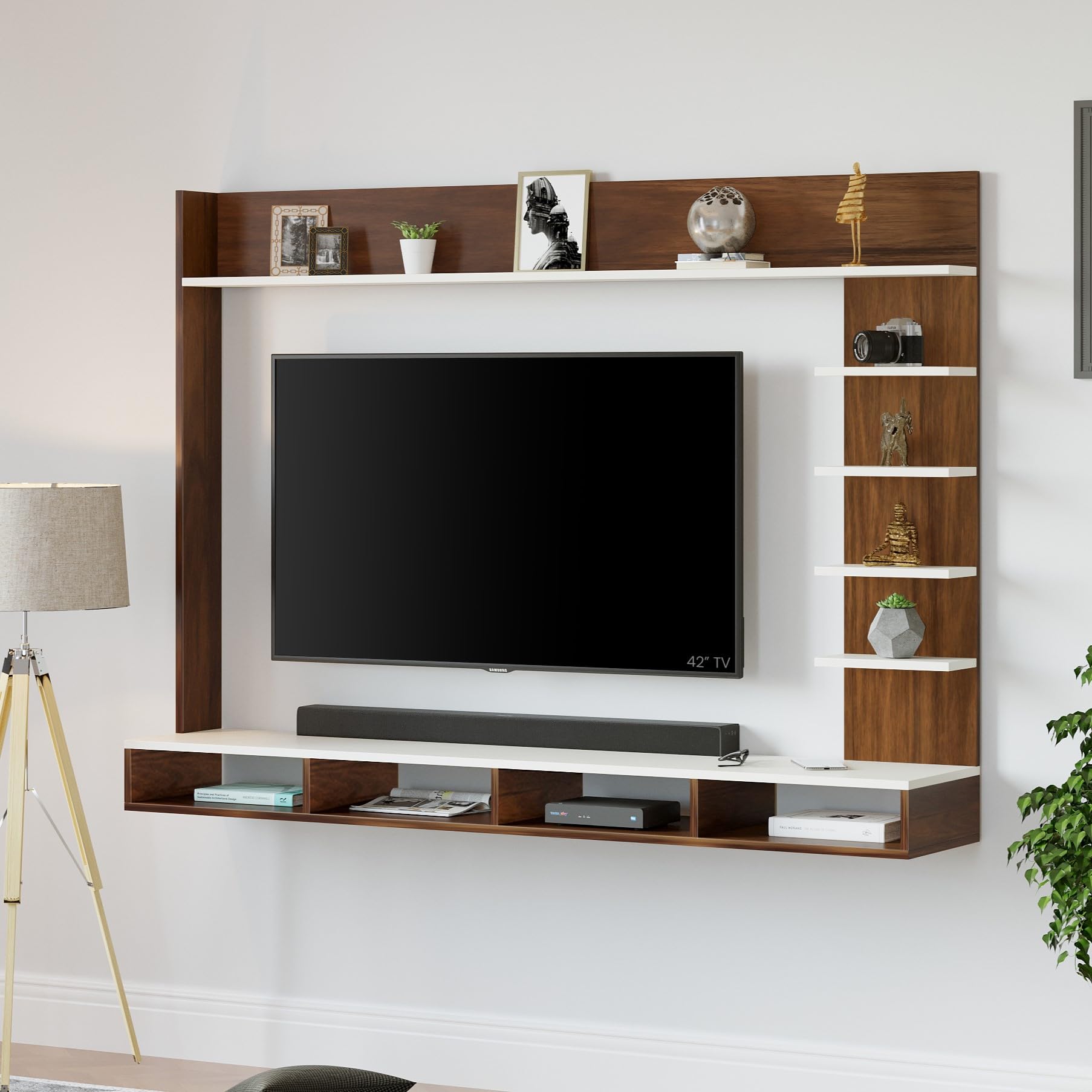 BLUEWUD Primax Grande Large Engineering Wood Wall Mount TV Entertainment Unit Set Top Box Stand/TV Cabinet with Shelves for Books & Décor Display Unit, Ideal for 50” (Brown Maple & White) (B0CNXGMJ6H) Amazon Price History, Amazon Price Tracker