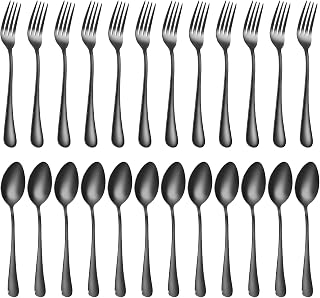 Forks and spoons silverware set 24pcs black spoons and forks set Durable Dishwasher Safe black silverware for home kitchen stainless steel (Black)