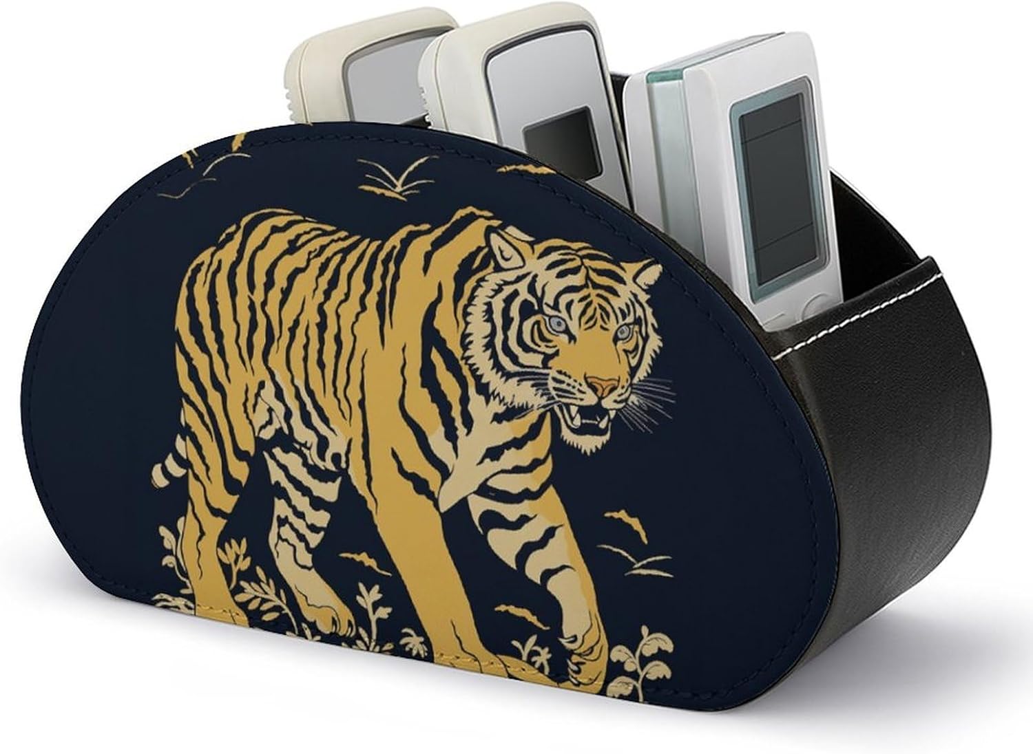 Remote Control Holder PU Leather Remote Caddy with 5 Compartment TV Remote Holder Animation Style Tiger Remote Box Remote Control Organizer Pen Holder for Desktop Organizers