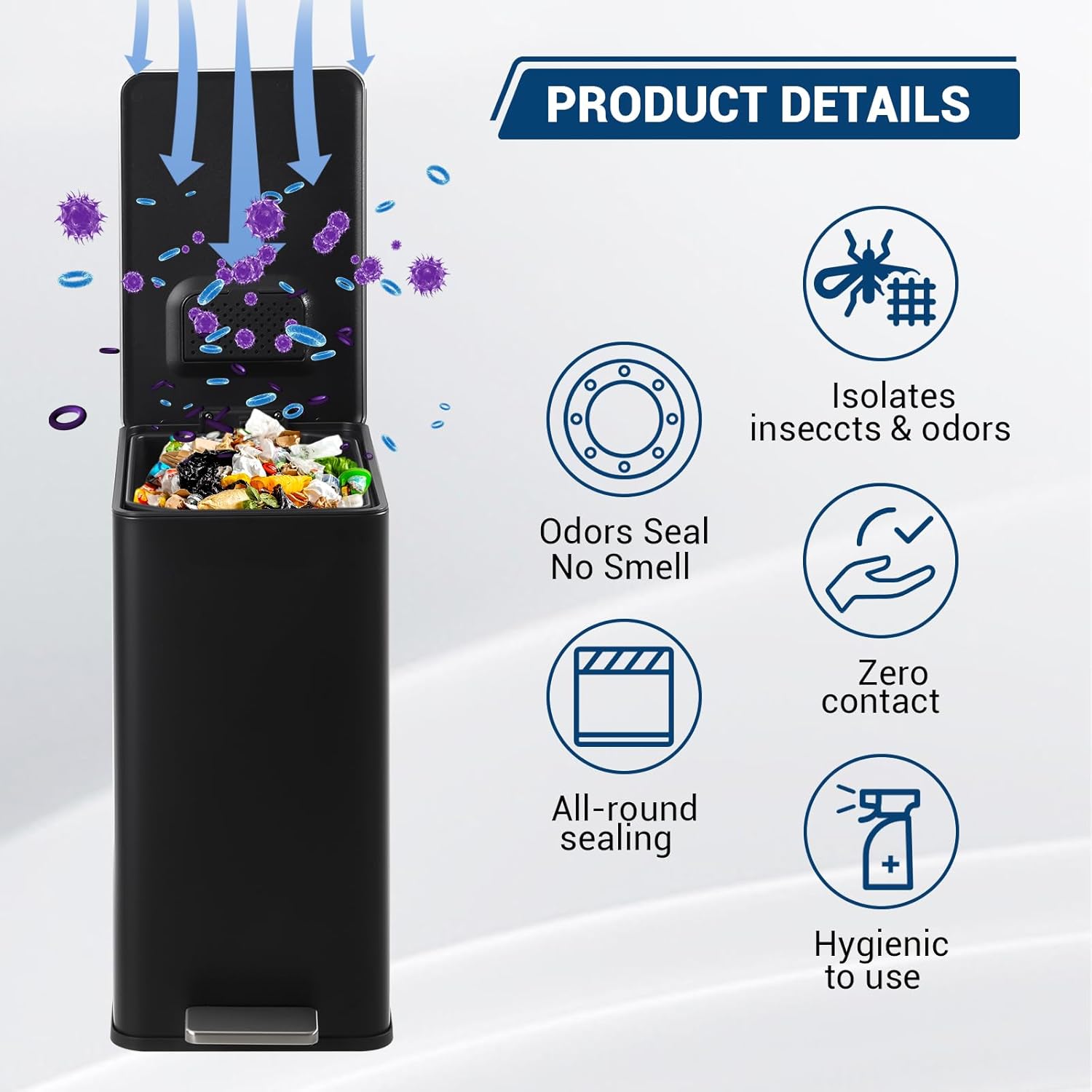 4 Gal/15L Rectangular Stainless Steel Trash Can, Fingerprint-Resistant Step-On Garbage Bin with Soft-Close Lid & Removable Inner Bucket, Brushed Kitchen Trash Bin for Home, Office, Bathroom