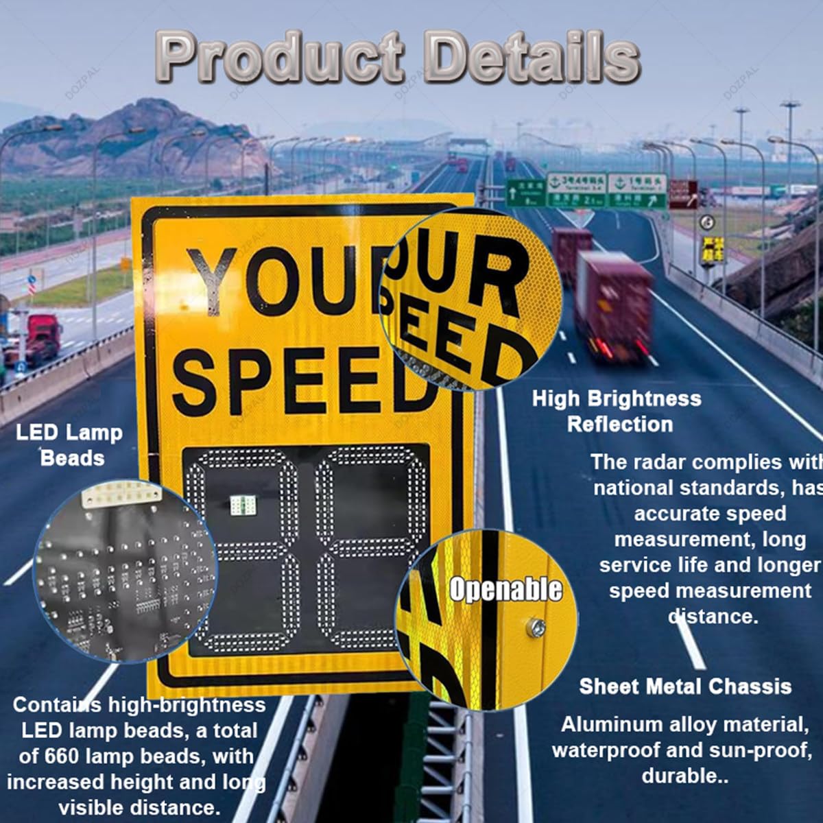 Señal de límite de Velocidad con Radar Solar - Pantalla LED de 2 o 3 dígitos con Detector de Velocidad, señal de retroalimentación - Control Remoto 3-digit-50×70cm
