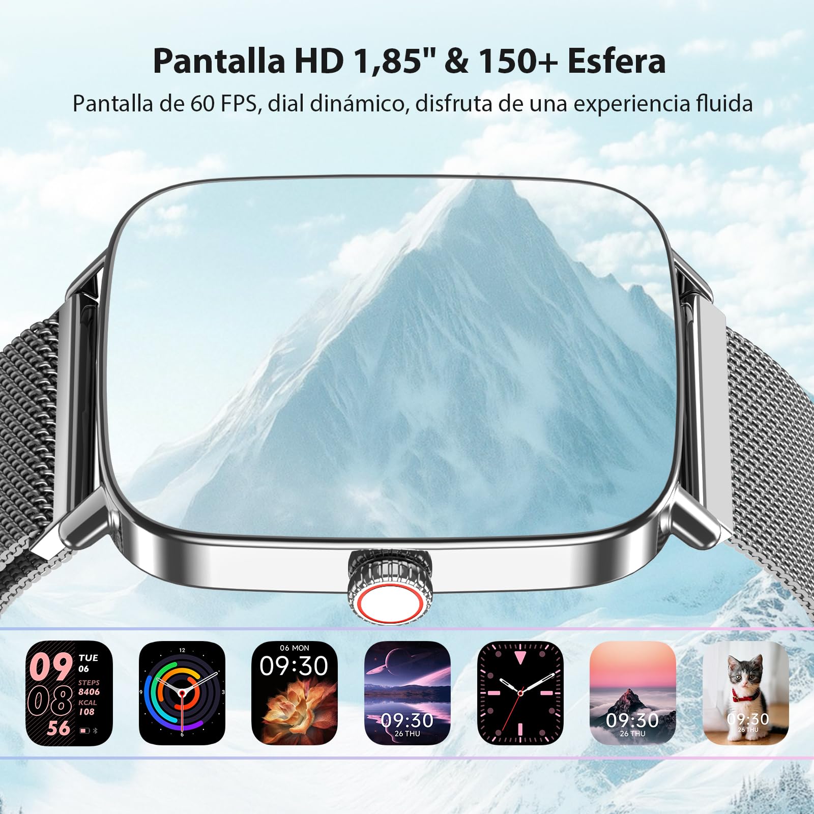 Yoever Reloj Inteligente Mujer Hombre, 1.85" Smartwatch con Llamadas y Whatsapp Notificación, SpO2/Pulsómetro/Sueño/Podómetro, 110 Modos Deporte, IP68 para Android iOS Plateado