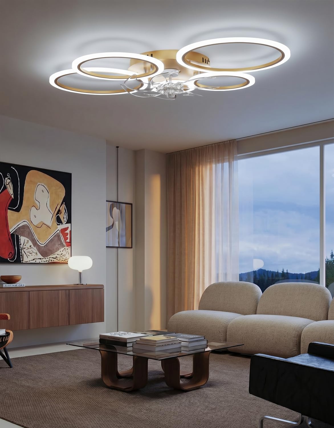 Plafoniera con Ventilatore da Soffitto, Anelli Lampadario Led con Ventilatore da Soffitto, Dimmerabile, Motore DC, Modalità Estate Inverno, Ventola Soffitto con Luce e Telecomando, Oro