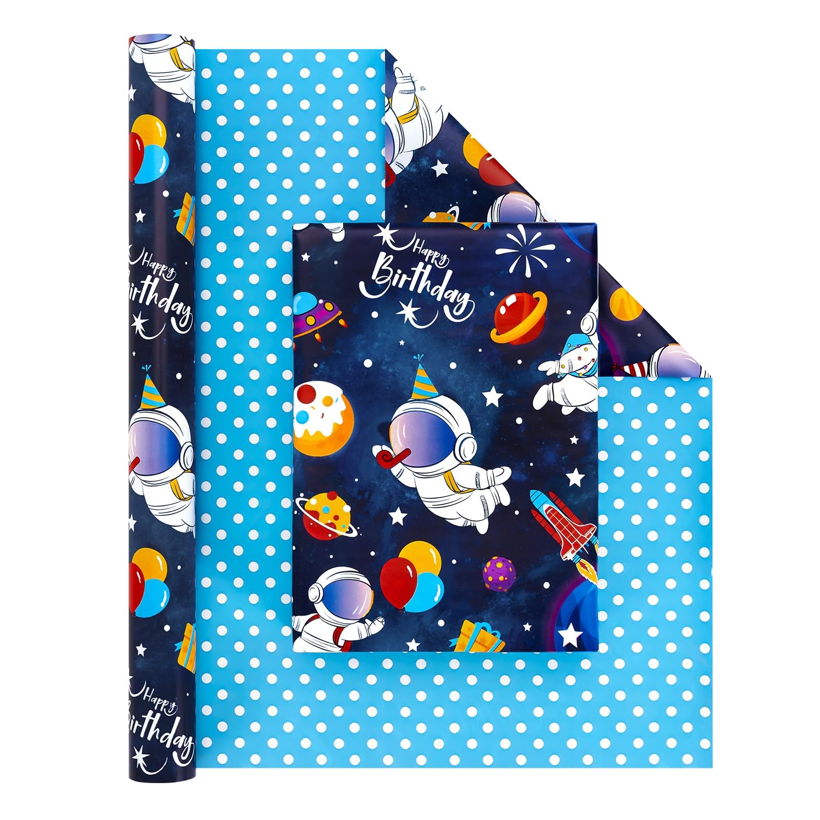 WERNNSAI Space Reversible Wrapping Paper Roll - 1 Roll 17” x 33 ft Happy Birthday Wrapping Paper Kids Blue Space Birthday Gift Wrap Roll Boys Wrapping Paper Polka Dot Design Outer Space Party Favor