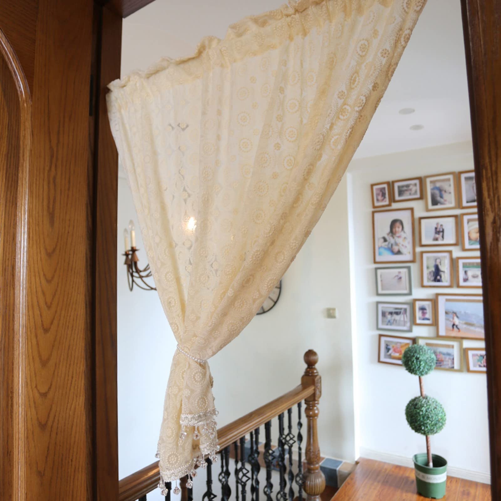 A.Monamour Gardine Scheibengardinen Kurzstores Beige Transparente Voile Spitze Kreis Stickerei Retro Kurzgardinen Küchengardine Küchenvorhang Küche Vorhang Fenster Kurz Stores Bistrogardine