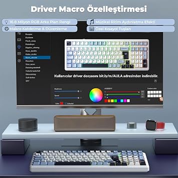 Aula F99 Mechanical RGB GrayWood V4 Switch 3 Modes Wireless Macro Hot Swap Turkish Q Keyboard Navy Blue