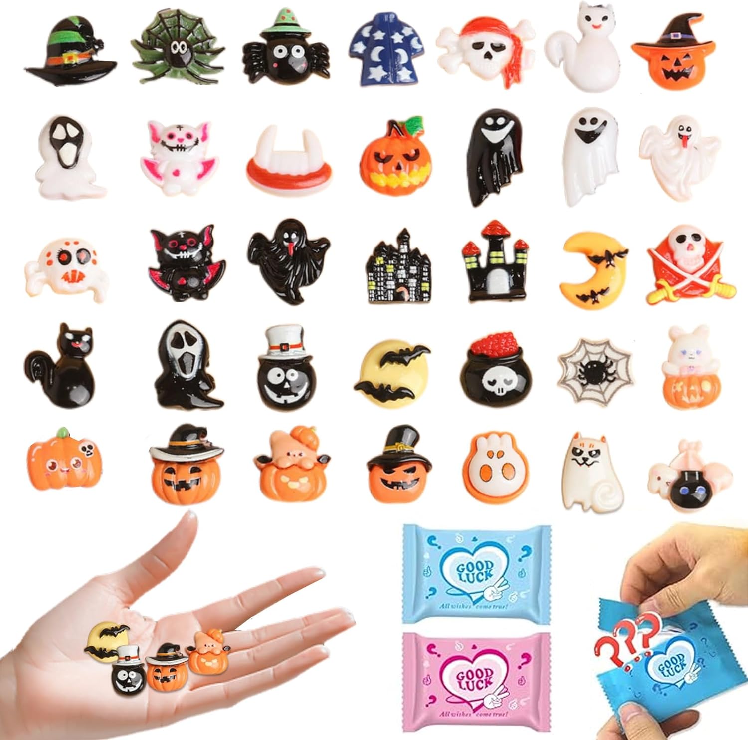 50pcs Halloween Party Favors Blind Bag Mini Resin Figures: Surprise Collectible Miniatures for DIY Crafts, Trick-or-Treat Toys, Dollhouse, Fairy Garden, Halloween Decorations