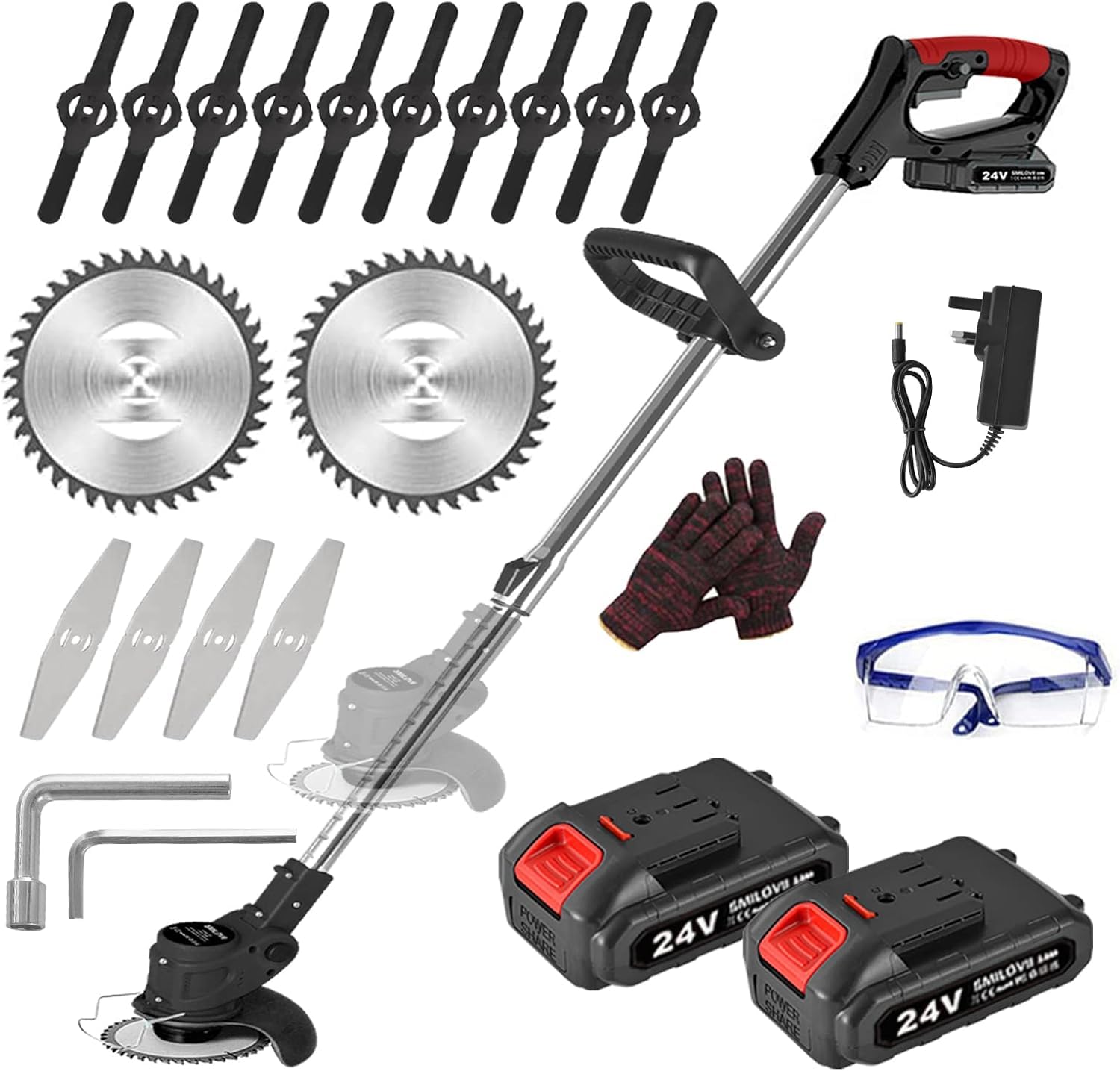 21V Cordless Strimmer, Telescopic Lightweight Grass Trimmer with 6xMetal Blades & 10xPlastic Blades, 2 x 2000mAh Battery, Electric Garden Strimmer Grass Cutter for Lawn Edger Pruning Weed