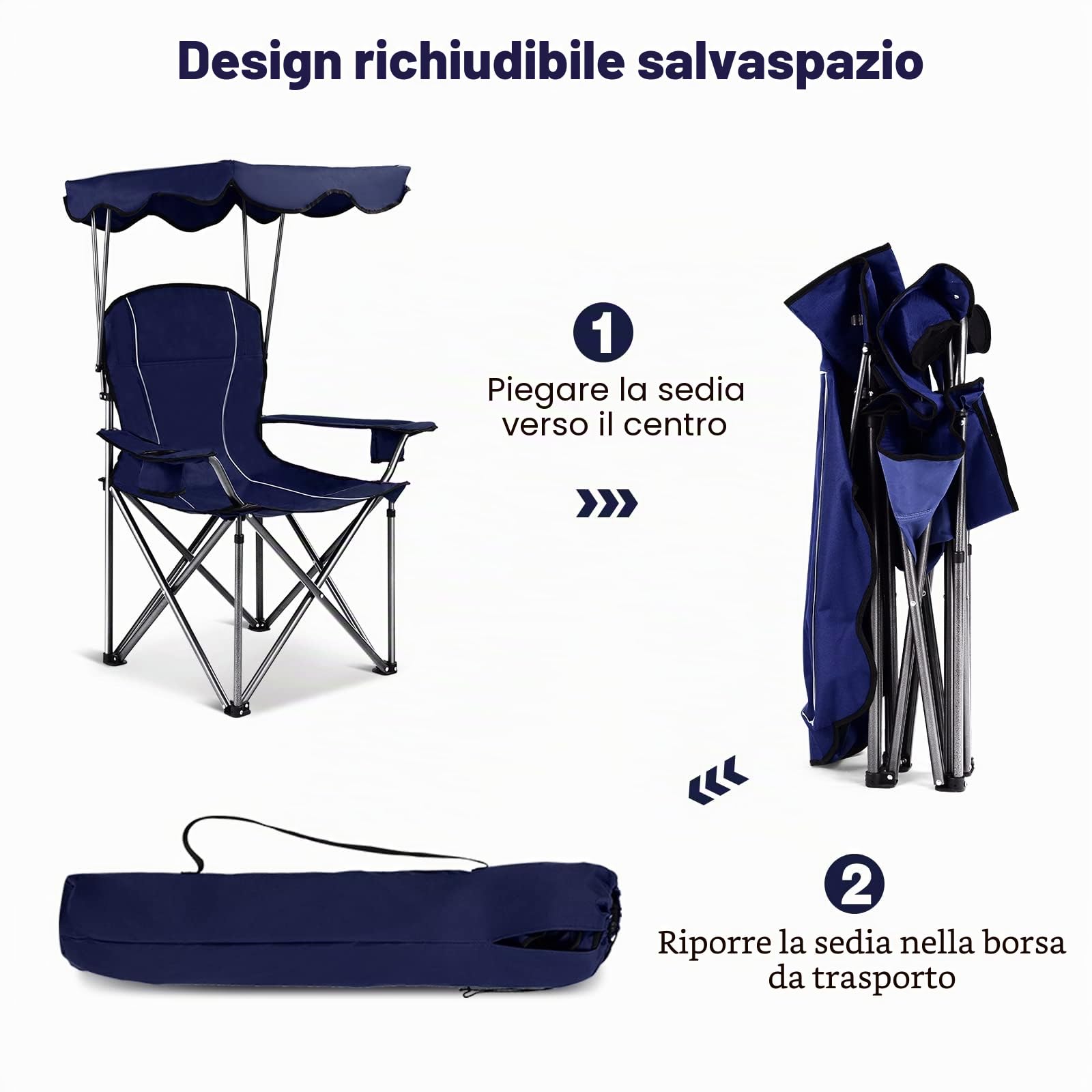 KOMFOTTEU Sedia da campeggio con baldacchino, sedia da spiaggia e da spiaggia, pieghevole, sedia da pesca con portabicchieri e borsa, sedia pieghevole per esterni, fino a 130 kg (blu)