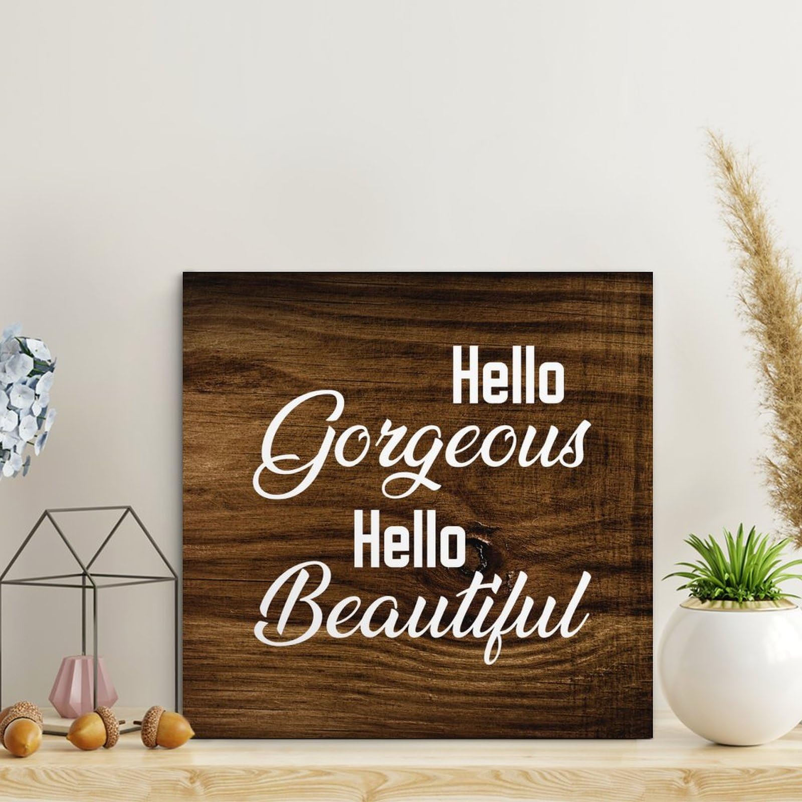 LITTLEGROVE SEEDS Rustic Wooden Pallet Sign Hello Gorgeous Hello Beautiful with Quotes 10x10in Farmhouse Wall Art Home Decor Wall Hanger Family Wall Decor for Home Bedroom Living Room Wedding Gifts
