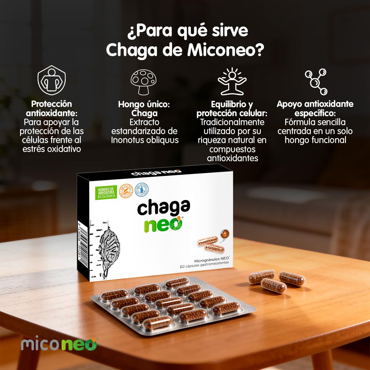 Mico NEO | Chaga Neo | Extracto Seco de Chaga | Hongo Siberiano | Complemento Alimenticio para Favorecer el Sistema Inmunológico | 60 Cápsulas