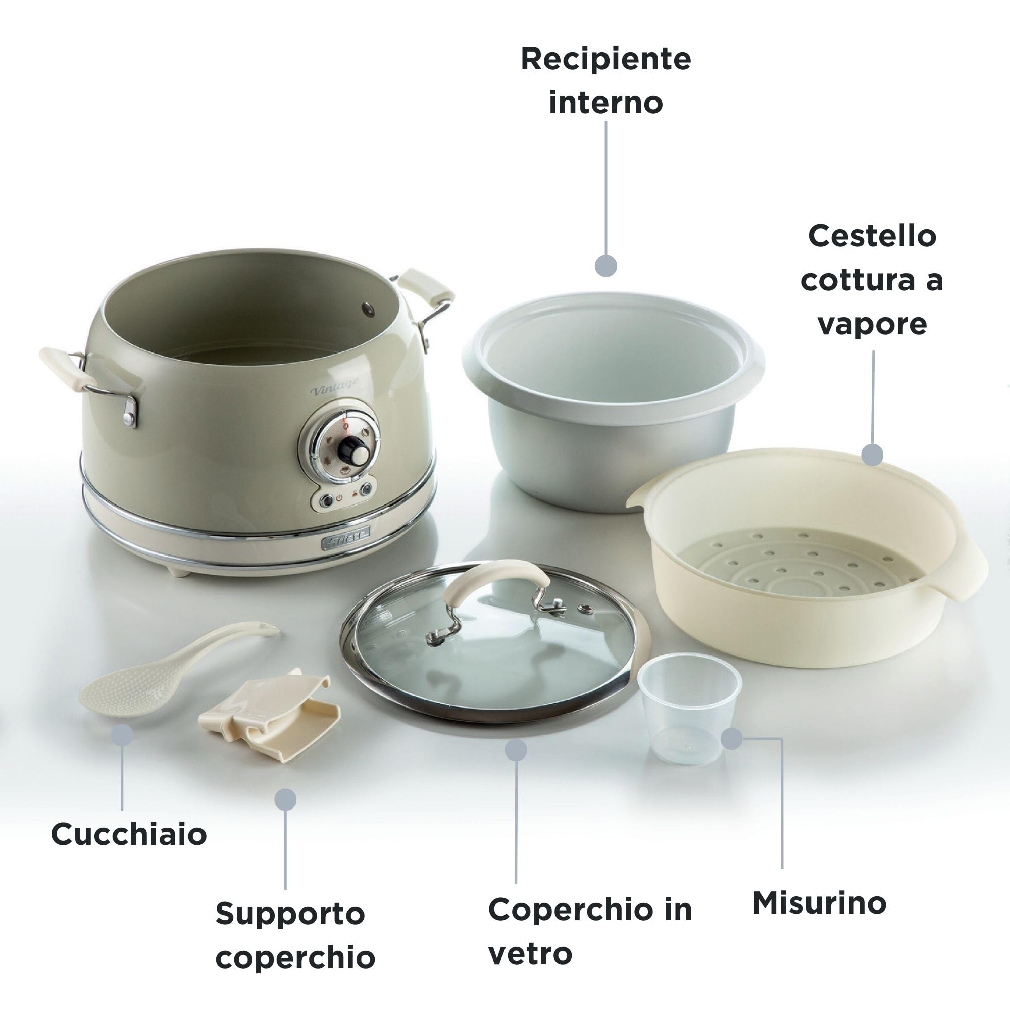 Ariete 2904 Rice Cooker - Elektryczny przyrząd do gotowania ryżu z miską ceramiczną - Domowe sushi - Multicooker - Linia Vintage - 3,5 l - 650 W - Beżowy