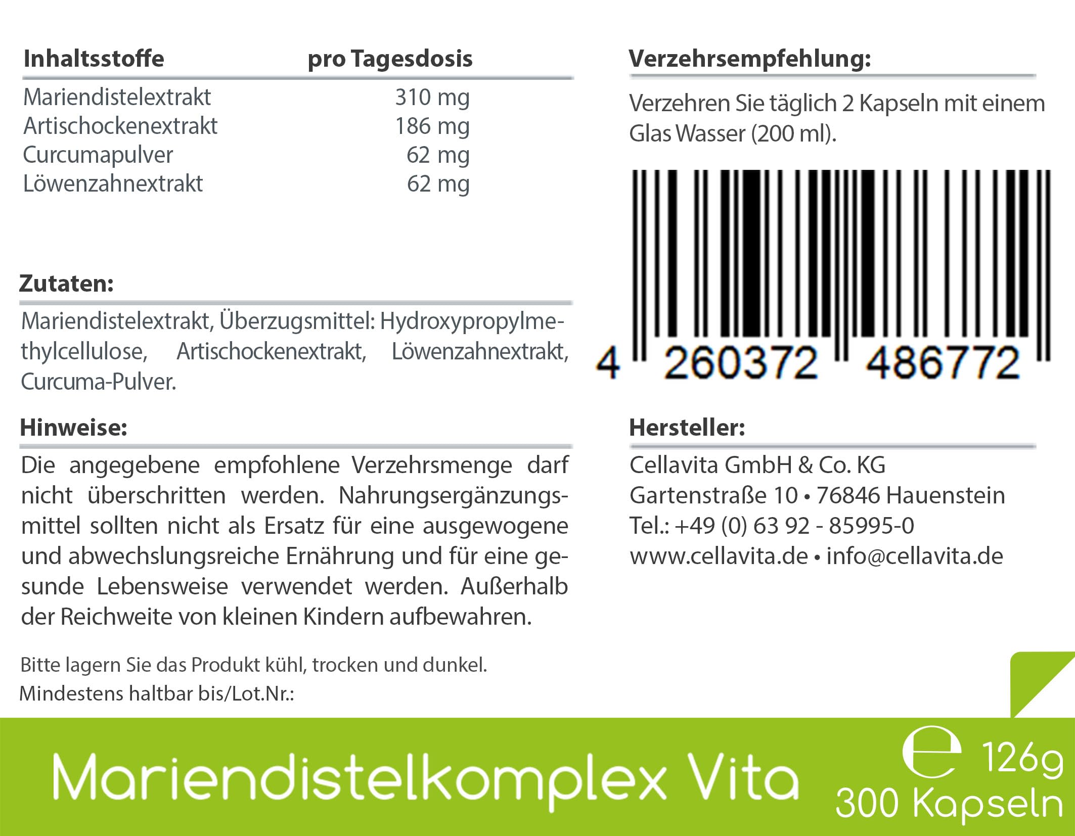 Cellavita Mariendistel Komplex Vita (Mariendistelextrakt) Extrakt mit Mariendistel, Artischocke, Löwenzahn und Curcuma | natürlich & vegan | (300 Kapseln)