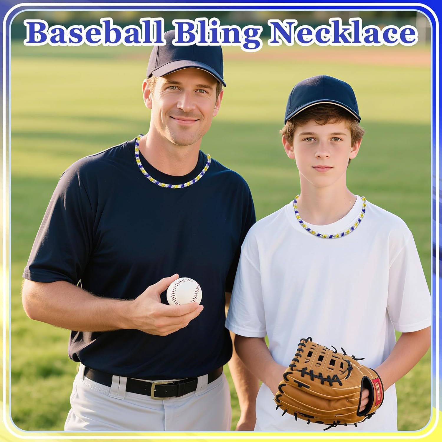 16in/18in/20in/22in Baseball Necklace, Yellow Blue and White Bling Chain, Inspired Rhinestone Baseball Drip Accessories for Men Women Baseball Team Players Coach Gift - Image 3