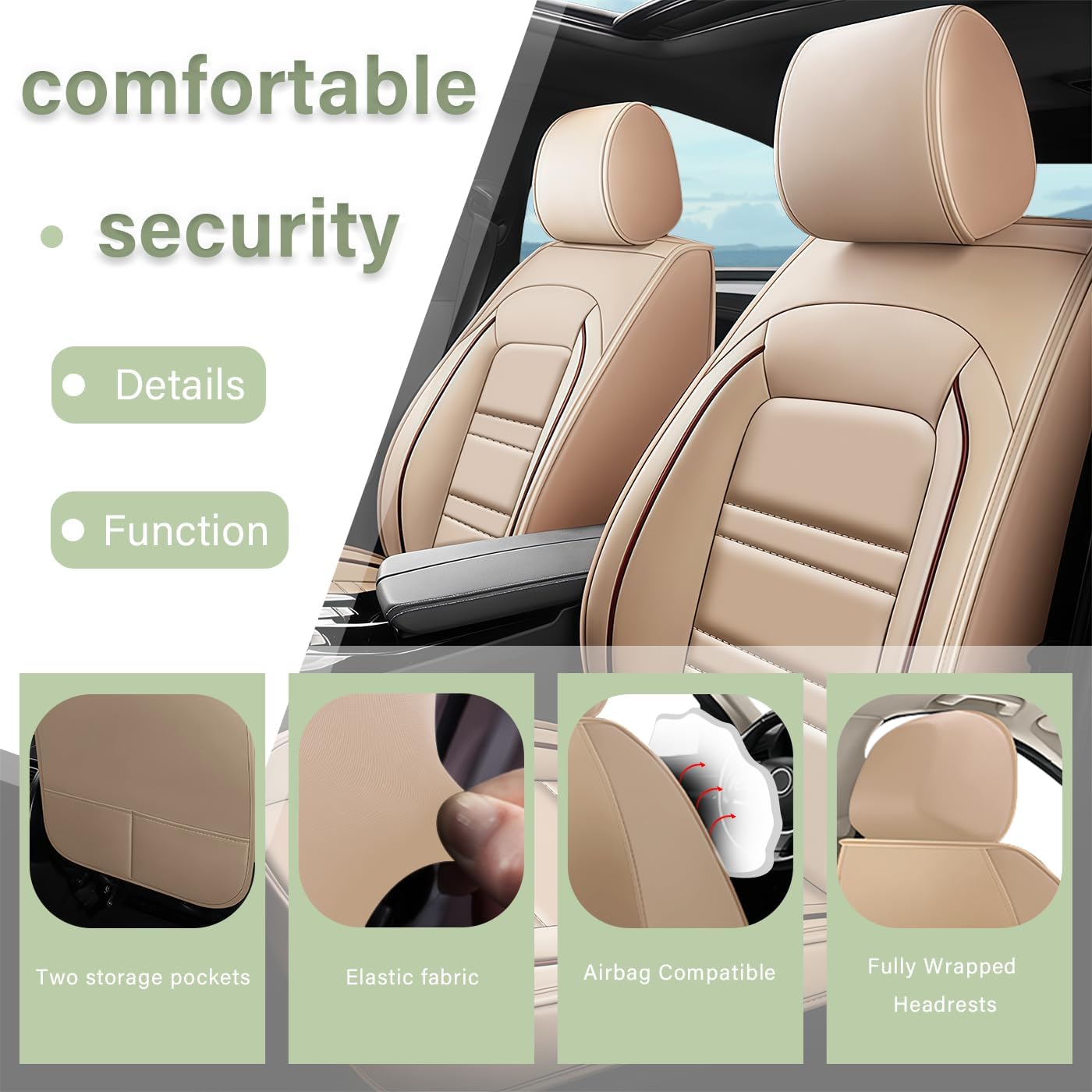 Leather Car Seat Covers Fit for Mercedes-Benz GLC 300 2017-2024, 5 Seats Non-Slip Waterproof Car Seat Cover, Luxury and Comfort Full Set Accessories (Beige)