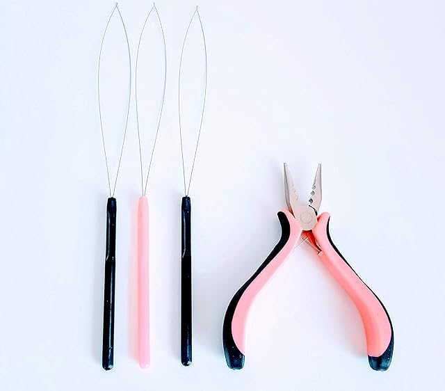 Hair Extension Pliers and Pulling Loop Tool Full Set Tools for Micro and Nano Extensions Rings Beads Black & Pink