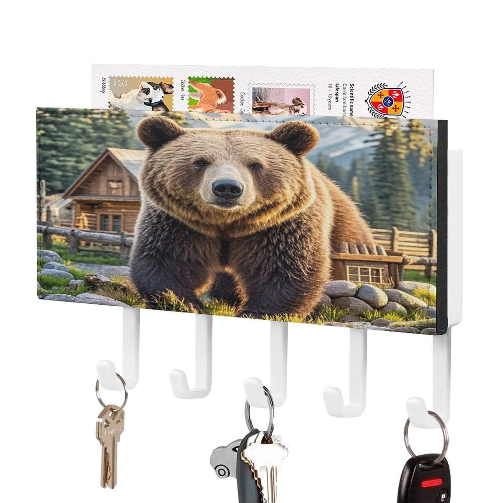 Fekiloot White-Style Rustic Lodge Bear Key Holder Wall Mount Key Hooks For Wall Decorative With 5 Hooks Pu Mail Rack Organizer With Shelf For Entryway Mudroom Hallway Office 7.1X4.3 In