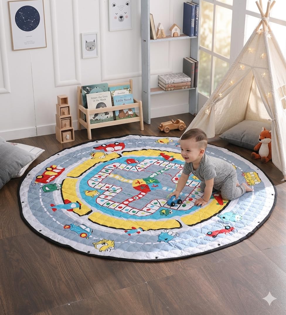 The Tickle Toe Cotton Quilted Reversible Cars Playmat or Activity Mat Cum Storage Bag (Multicolour)