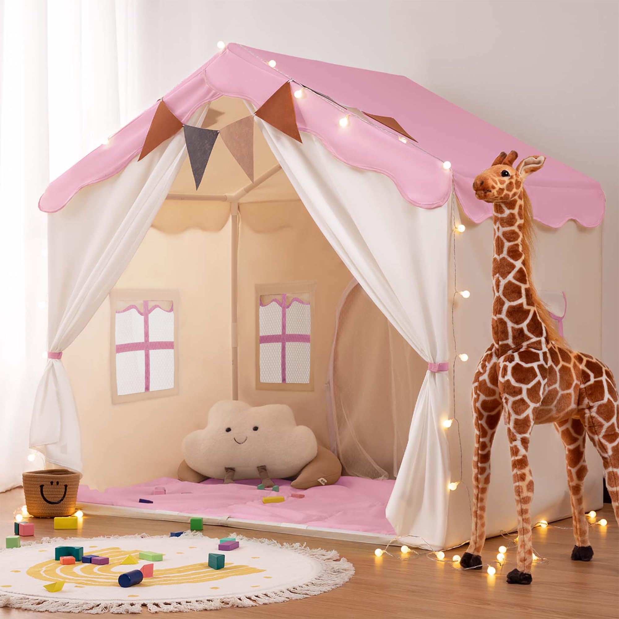 2 in 1 Tenda per Bambini besrey, Tenda Casetta da Gioco con 2 Porte e 4 Finestre, Tenda da Gioco per Bambini Interni ed Esterni con Tappetino Imbottito, Luci Fatate e bandierine (Rosa)