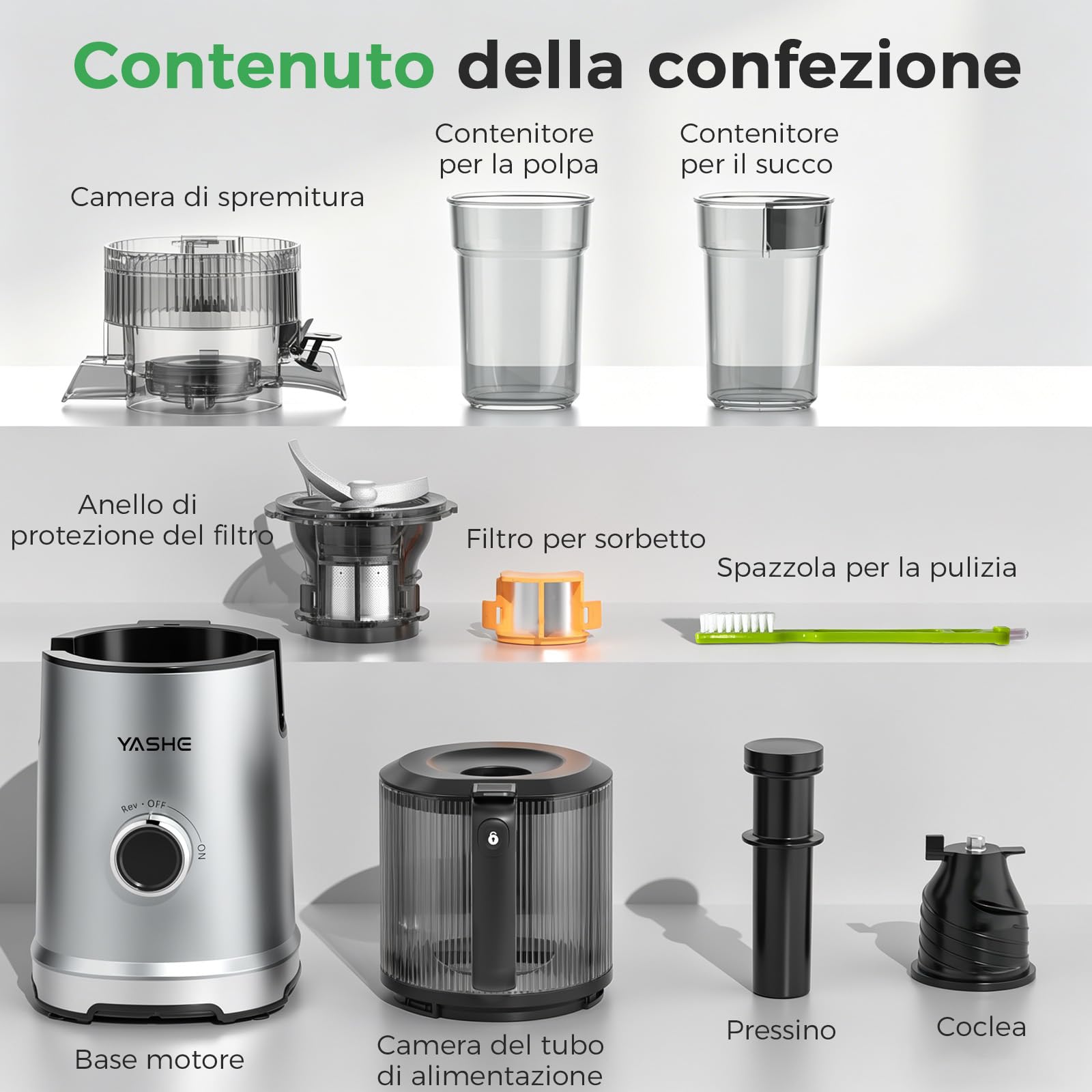 YASHE Estrattore di Succo a Freddo 600W, Bocca Extra Large 152 mm per Frutta e Verdura Intera, 3-in-1 per Succo, Sorbet e Latte Vegetale, Funzione Inversa, Senza BPA, Lavabile in Lavastoviglie