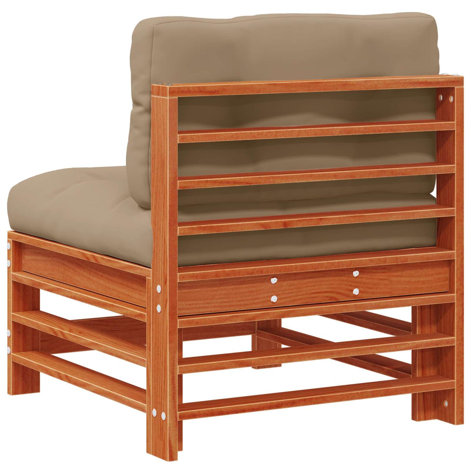Sofá central de jardín de madera maciza de pino marrón encerado para muebles de exterior con disposición modular, tapicería resistente a la intemperie y diseño robusto para terraza, balcón y