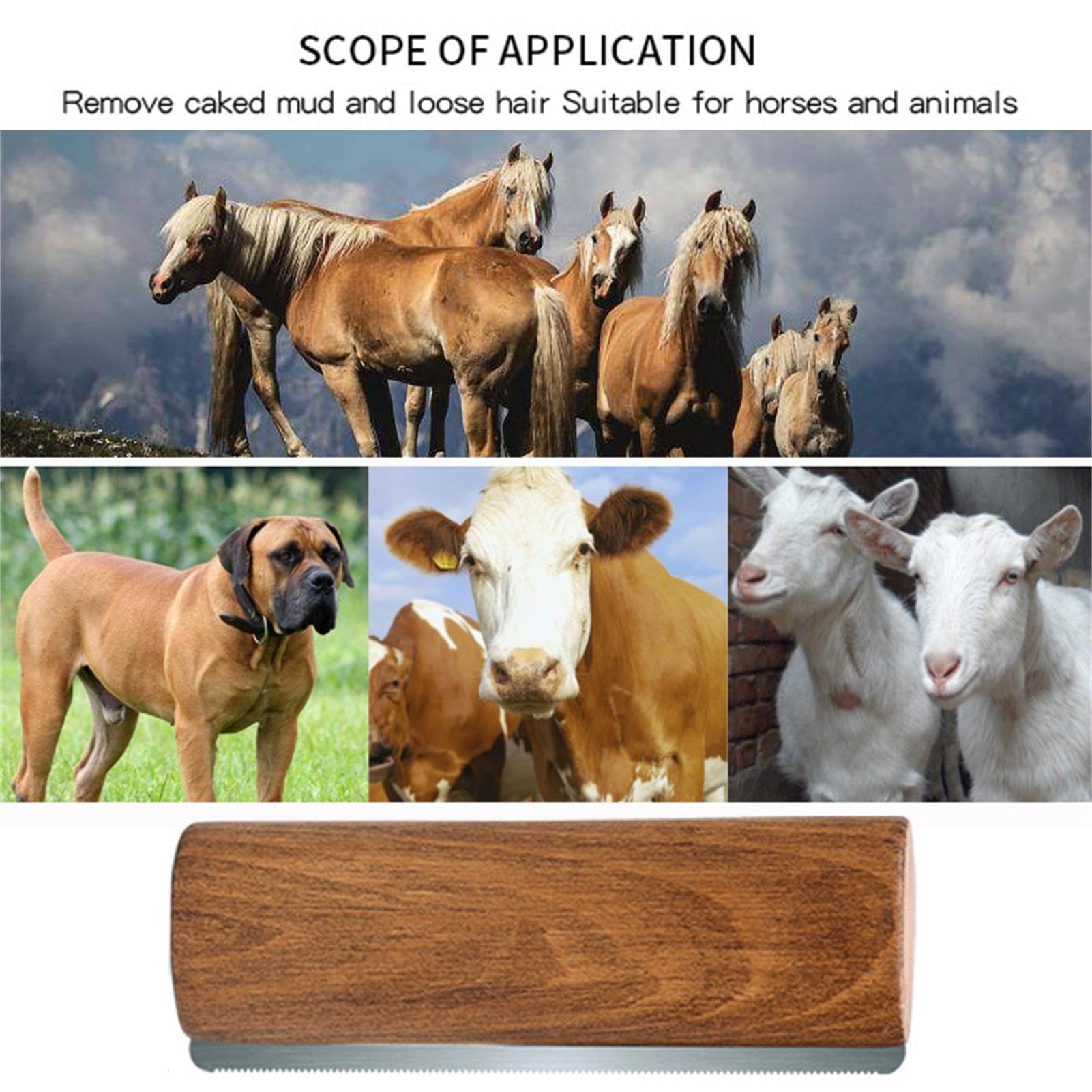 Cepillo para pelar caballos, mango de madera, tira de dientes de acero inoxidable para caballos, cepillo de lavado de aseo de caballos, herramienta de aseo para desenredar, removedor de pelo de