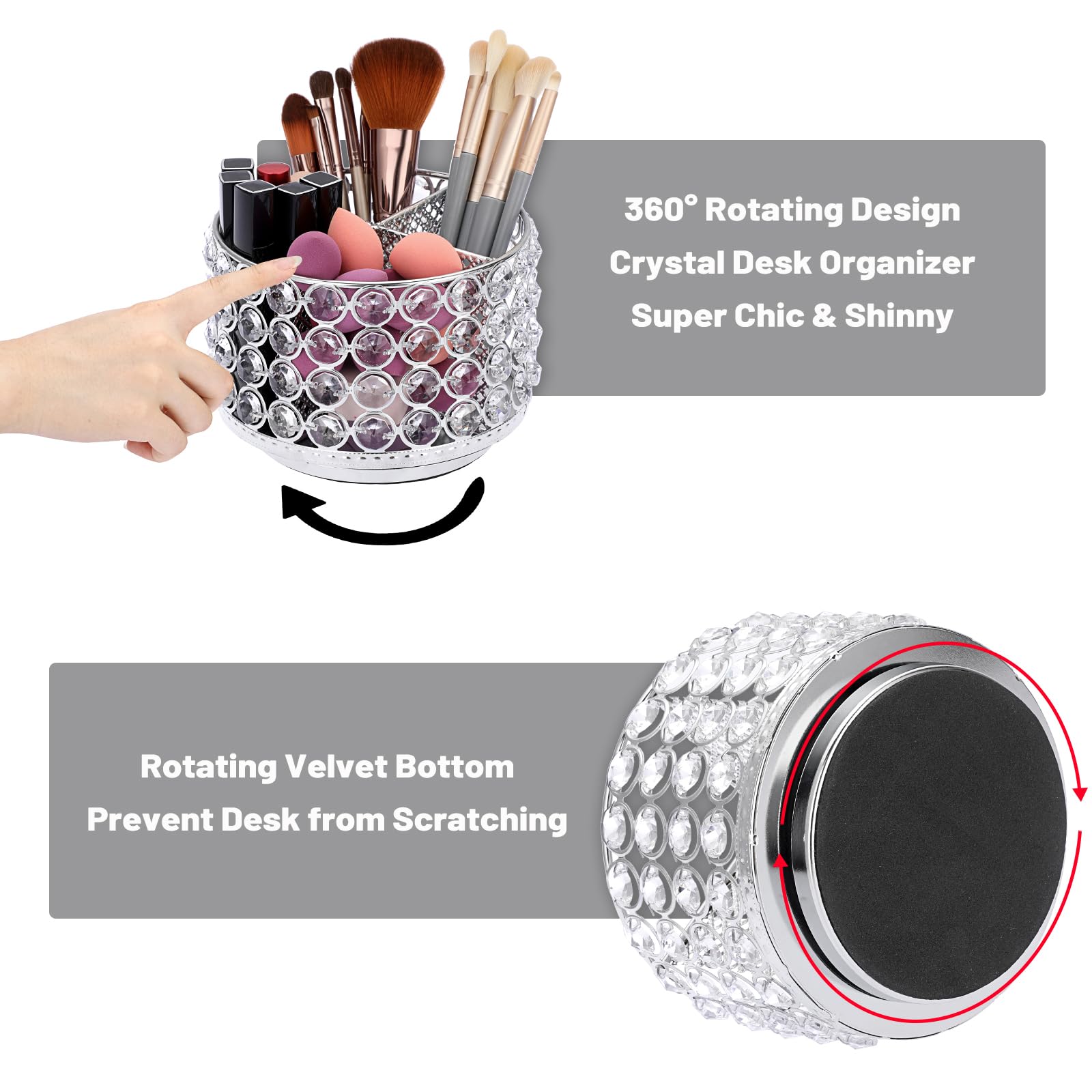 BTSKY Organizer da scrivania in cristallo, girevole a 360 gradi, con 4 scomparti, in metallo glitterato, elegante portaoggetti per la casa, regalo per donne, rotondo, 4 scomparti, argento