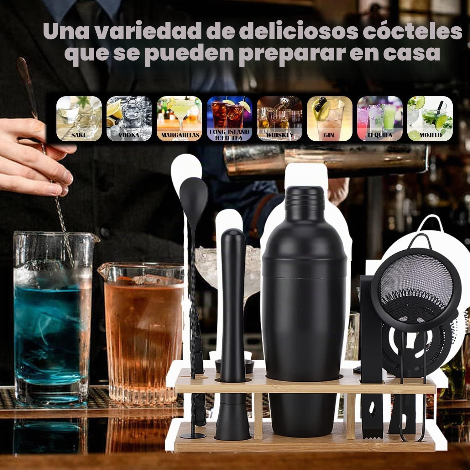Bartender Kit 11-Piezas Coctelera-Mezclador para Cócteles 25oz Boston Shaker-Accesorios de Bar con Elegante Soporte de Bambú Mix Drink Shaker Kit Kit Martini…